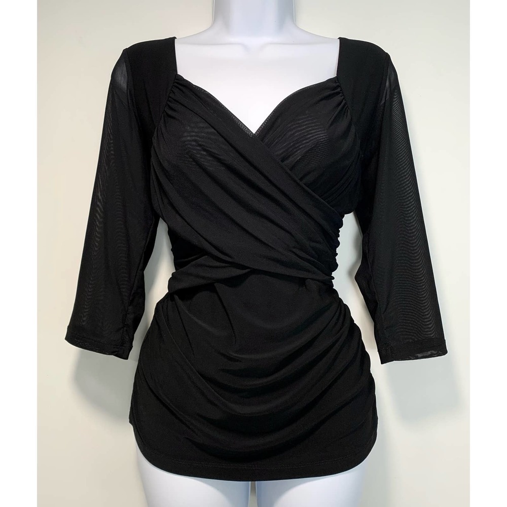 P Luca Milano Black 3/4 Sleeve Faux Wrap Top with Sheer Sleeves Size S Small